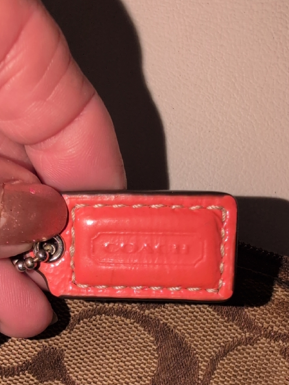Coach Brown Signature Canvas Wristlet with Coral Trim - Picture 2 of 7